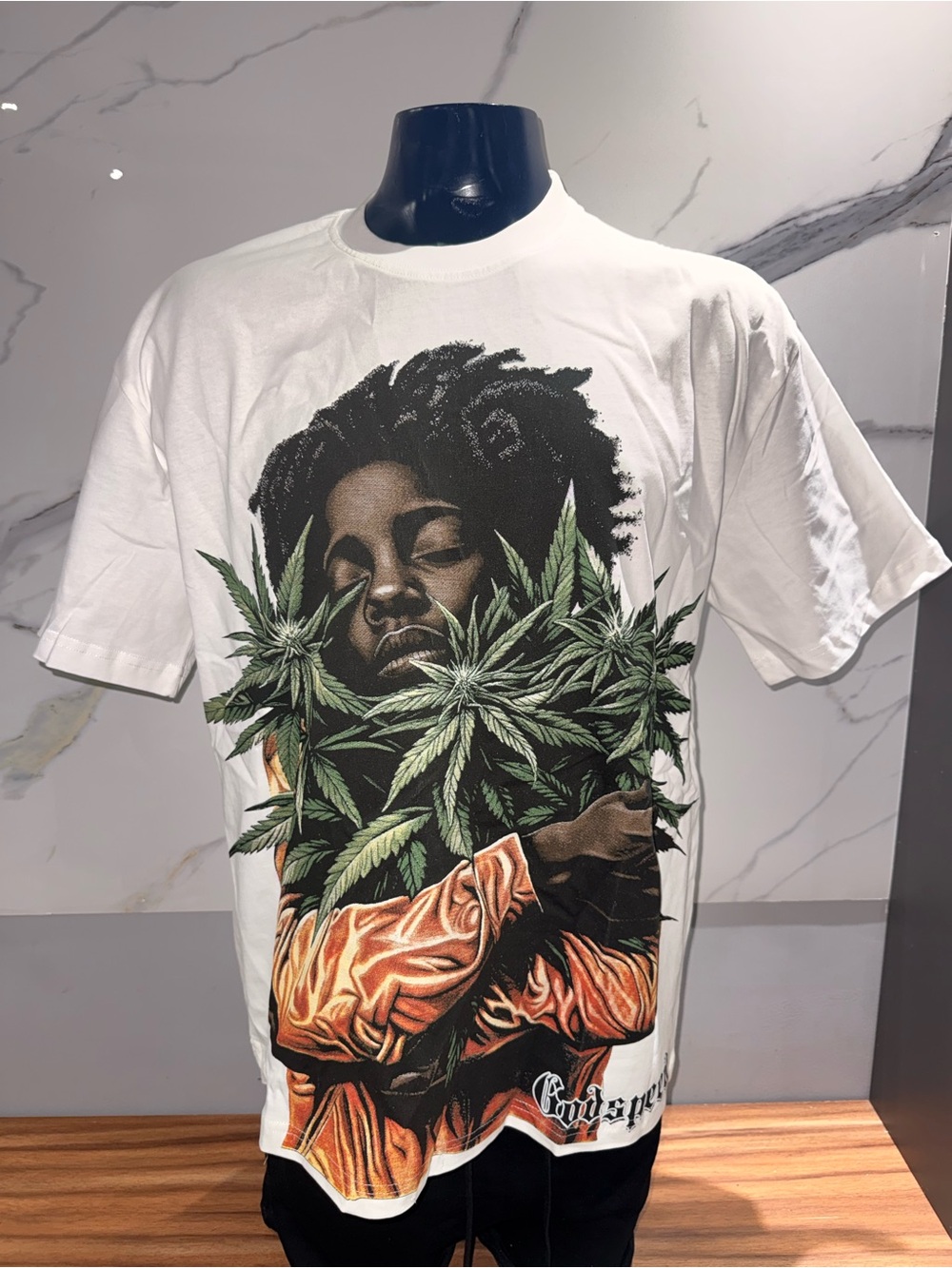 Godspeed White Graphic Crewneck T-Shirt with Leaf Portrait Print